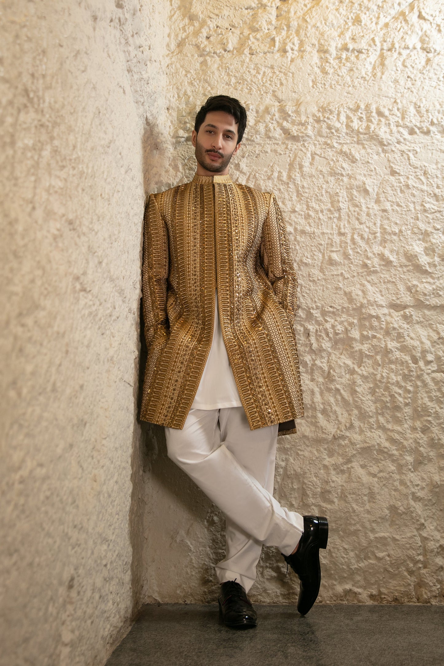 MC 550 Golden Hand Work Wedding Sherwani - Mashal Couture