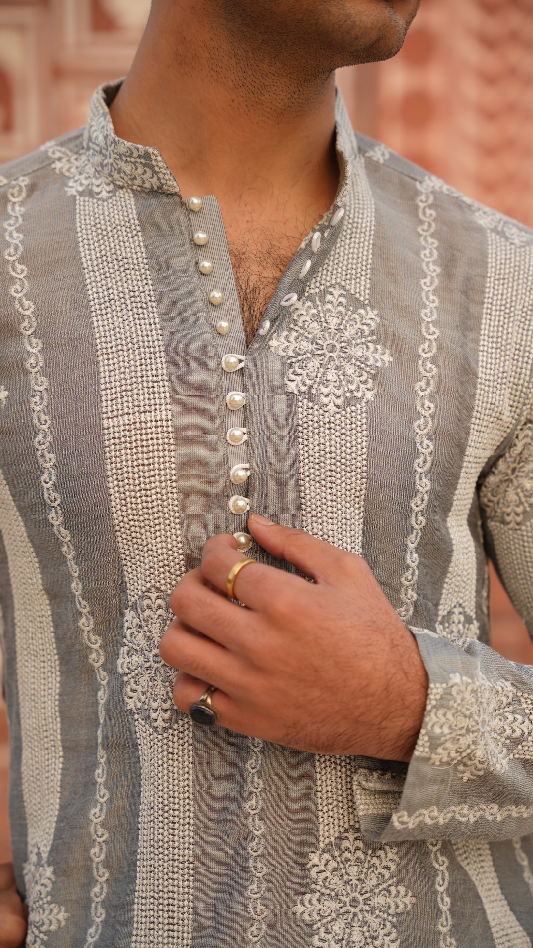 Gray Chikan-Kari Kurta Dress For Men