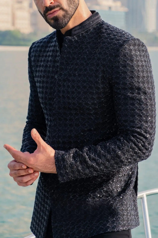MC 113 Black Embroidery Prince Coat - Mashal Couture