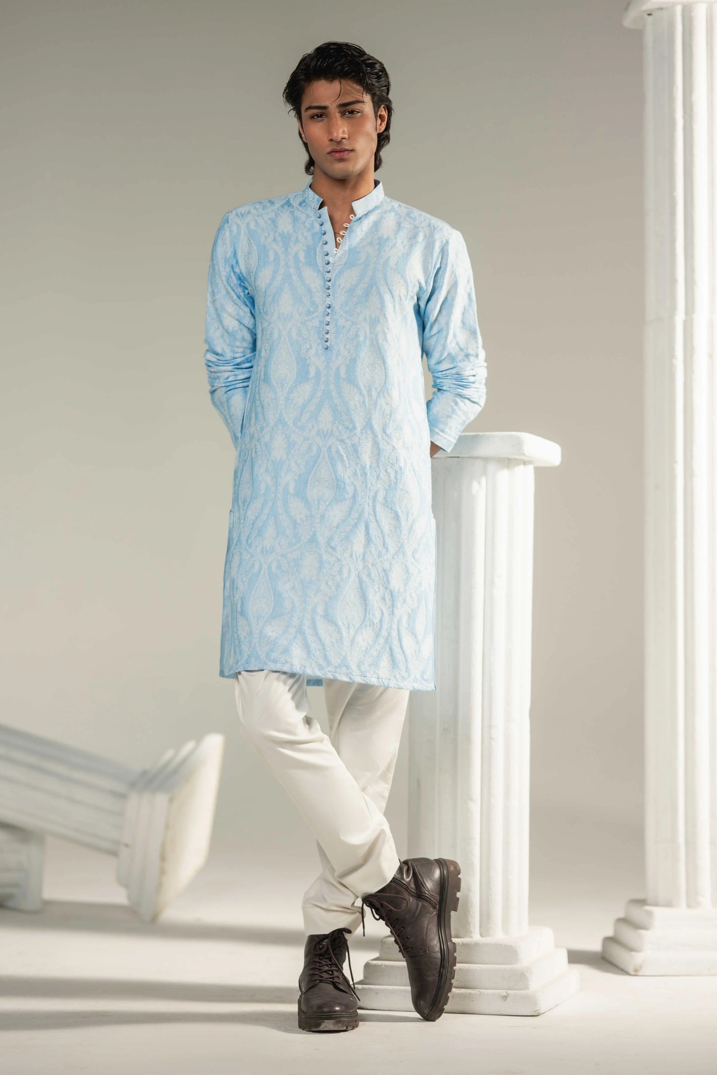 Sky Blue Kurta Pajama With Loop Button