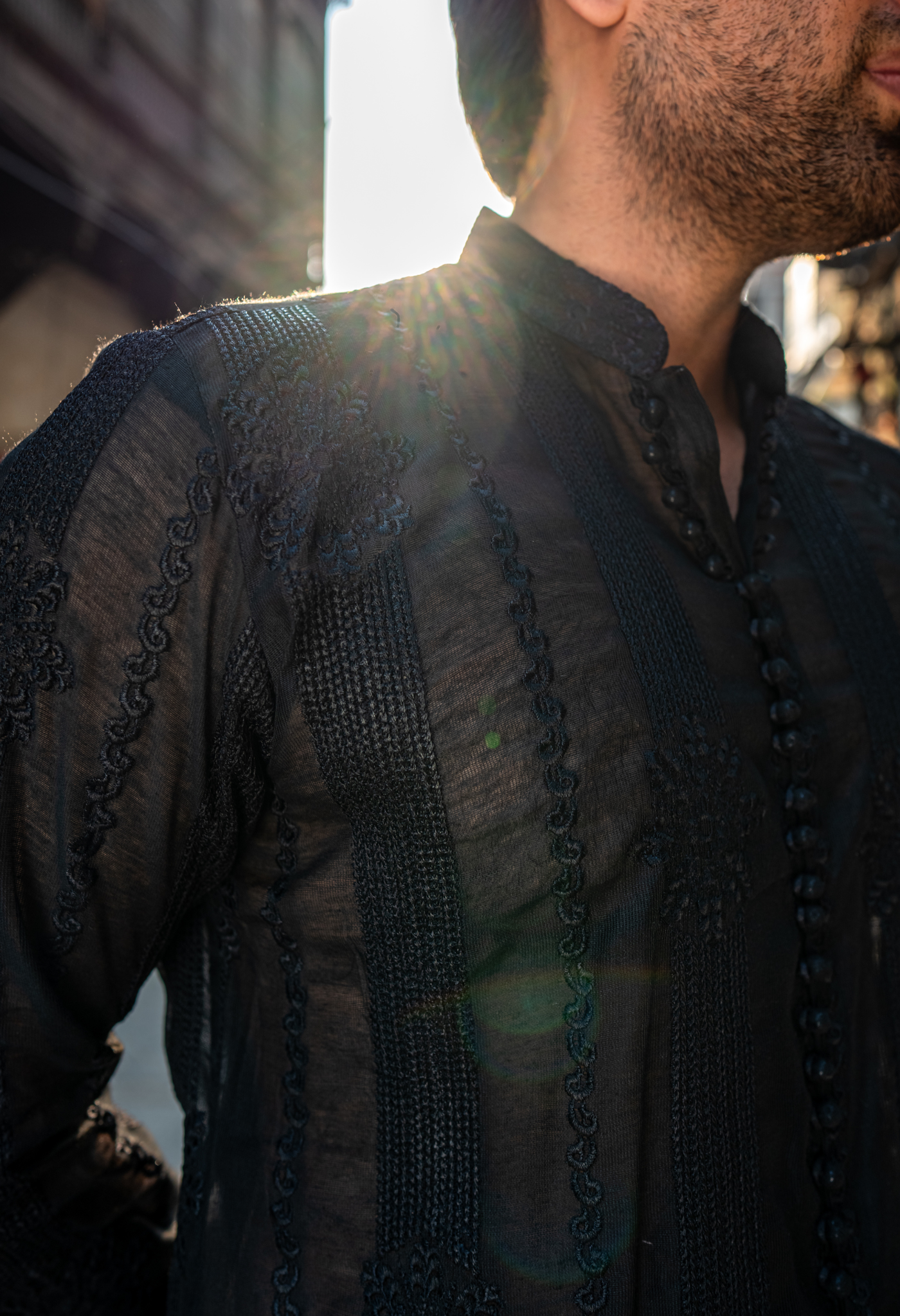 Black Chikan-kari Loop Button Sort Kurta Pajama