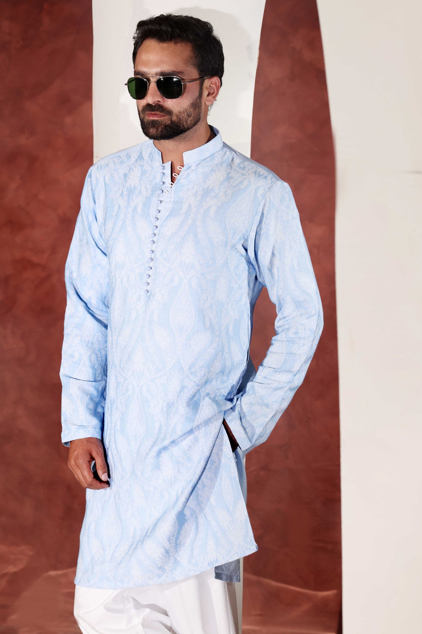 Sky Blue Desginer Kurta With Wide Leg Trouser