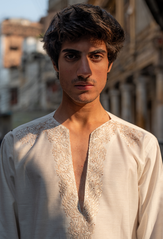 White Short Embroidered Kurta With Bell Bottom Trouser