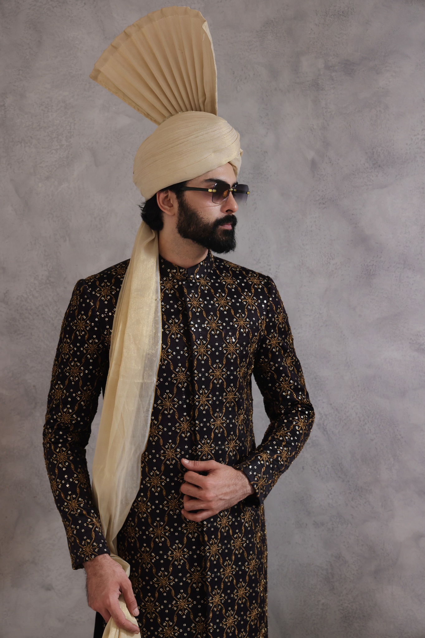 MC 619 Black Hand Embroidered Sherwani