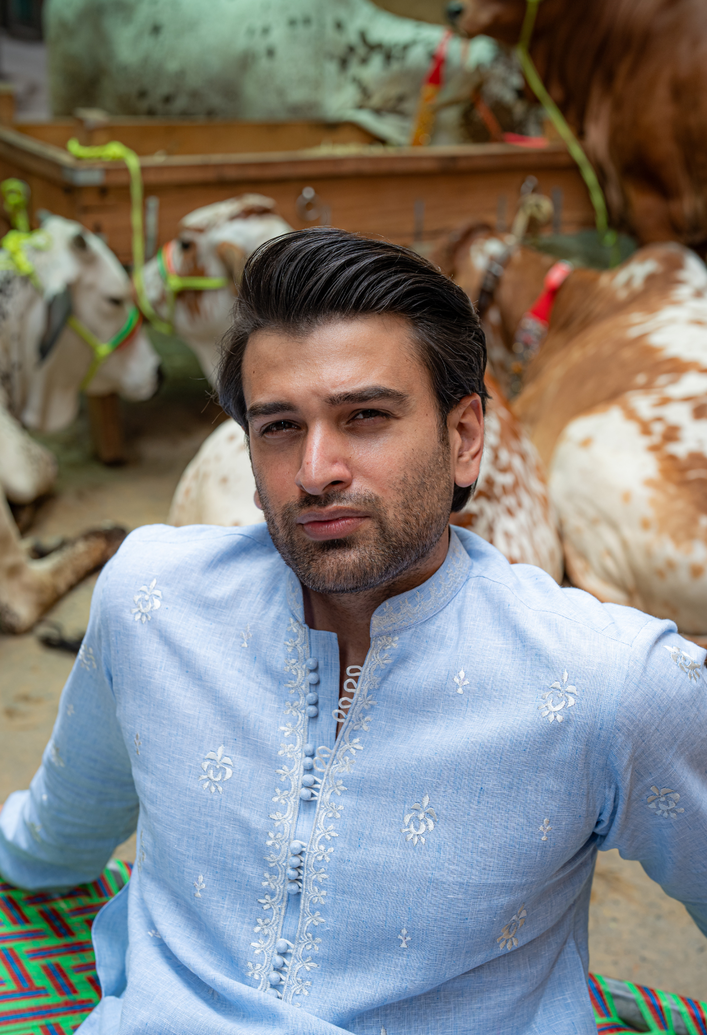 Sky Blue Short Embroidered Kurta With Farshi Shalwar