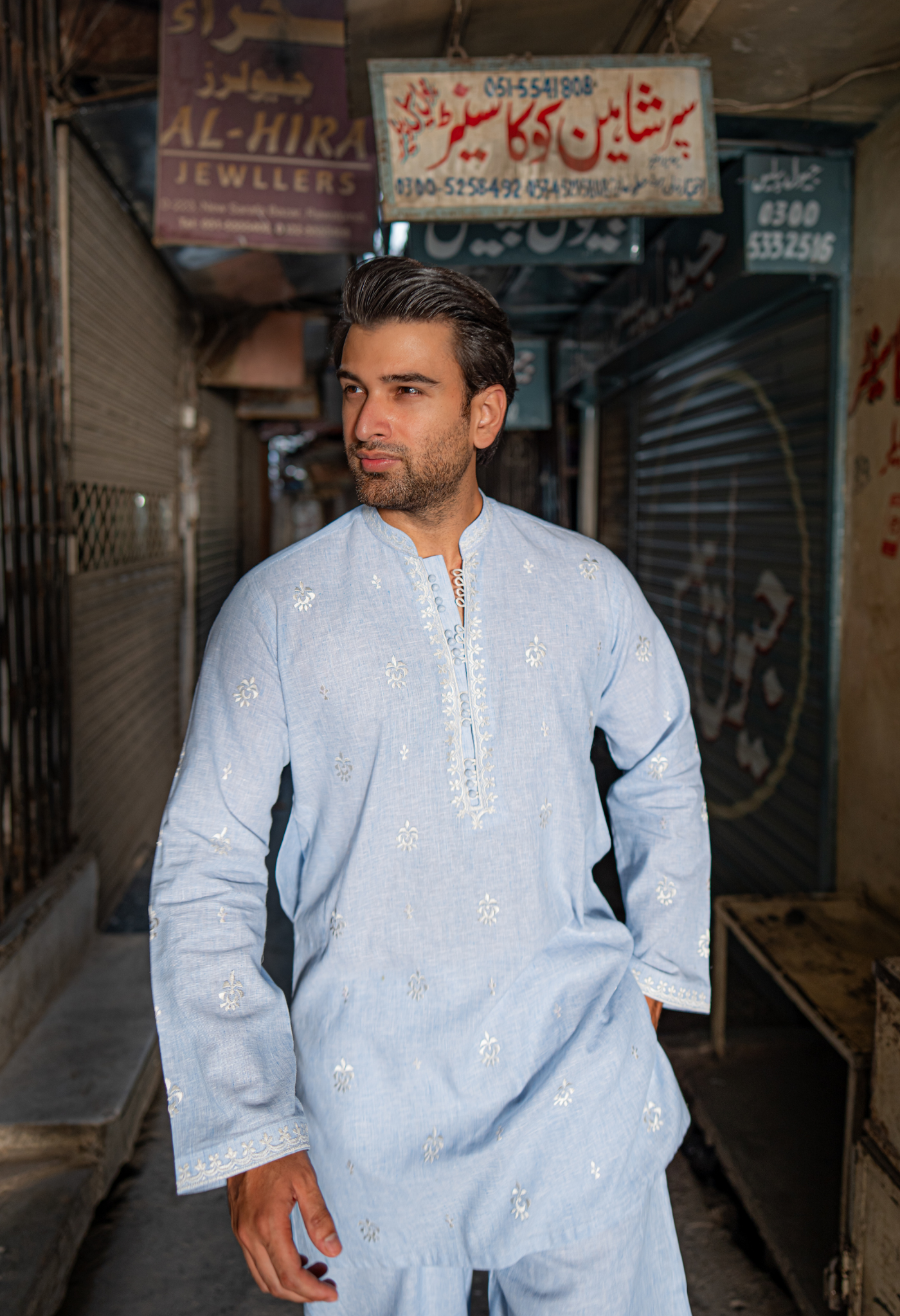 Sky Blue Short Embroidered Kurta With Farshi Shalwar