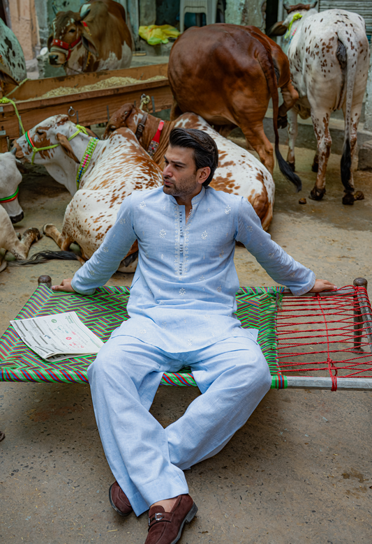 Sky Blue Short Embroidered Kurta With Farshi Shalwar