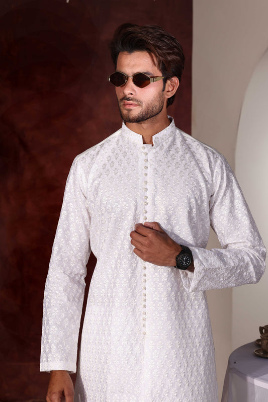 White Chikankari Kurta With Wide Leg Trouser