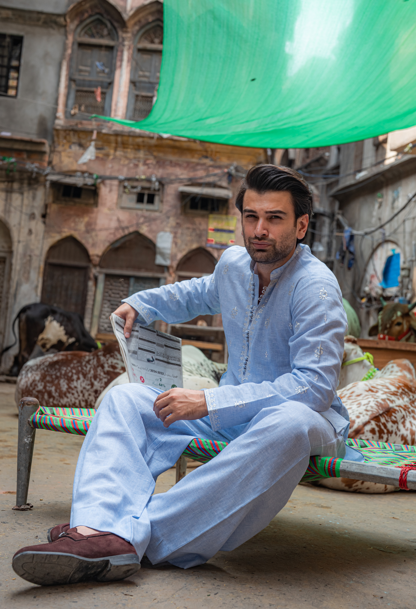 Sky Blue Short Embroidered Kurta With Farshi Shalwar