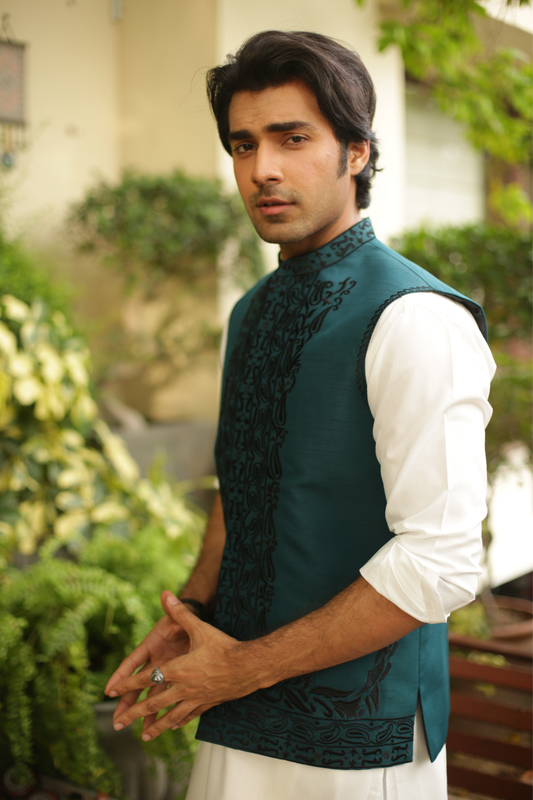 Dark Green Embroidered Waist Coat