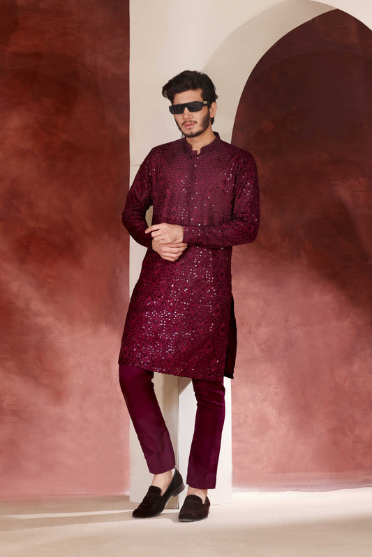 Burgundy Chikankari Kurta Pajama