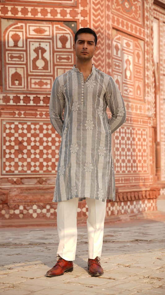 Gray Chikan-Kari Kurta Dress For Men