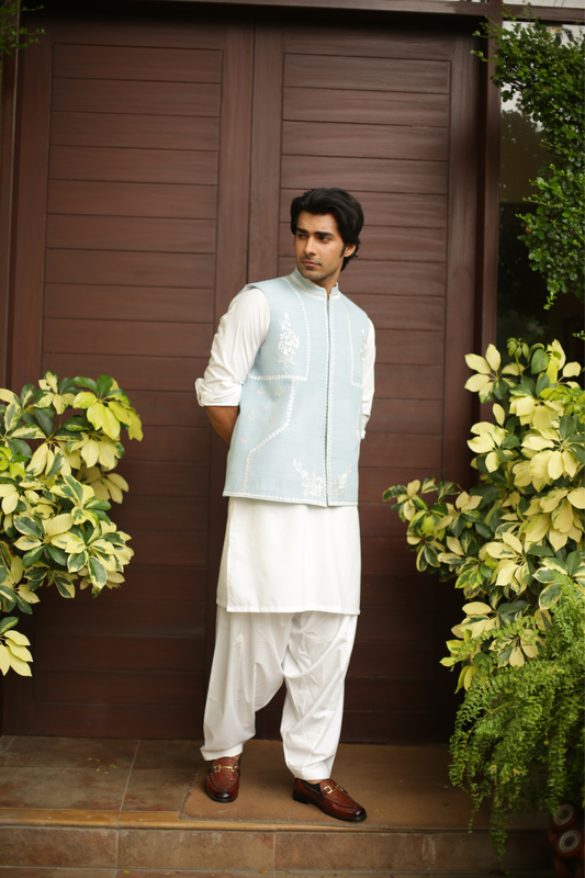 Cloud Blue Waist Coat For Wedding