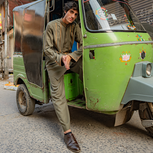 Olive Embroidered Kurta Dress For Men