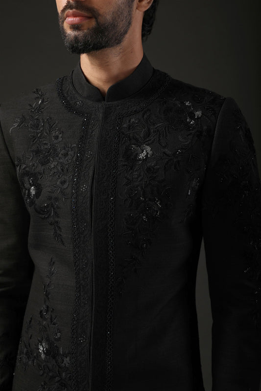 MC 527 Black Sherwani For Men - Mashal Couture