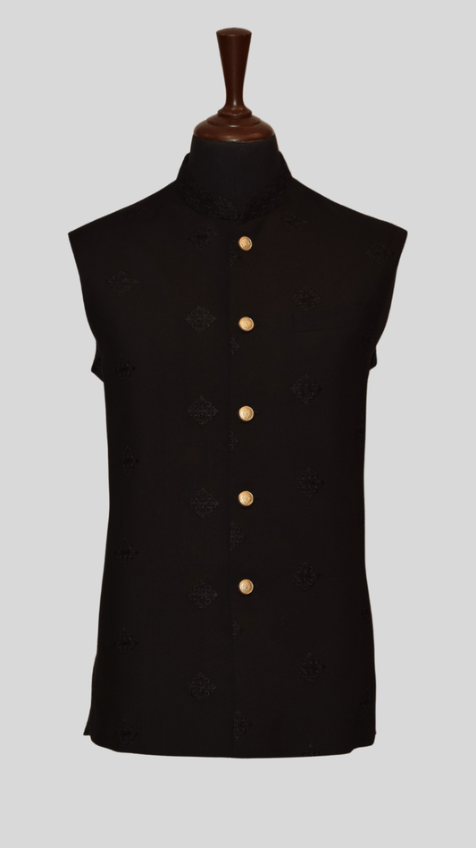 MC 115 Black Waistcoat with Gold Buttons For Men's - Mashal Couture