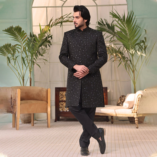 MC 557 Black Sherwani For Groom - Mashal Couture