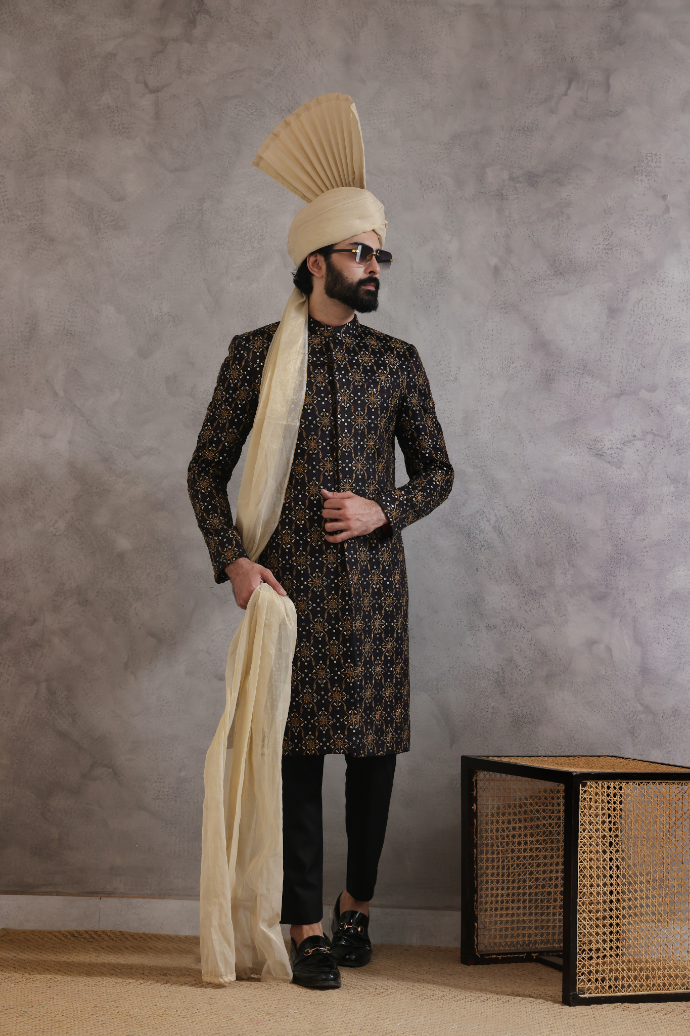 Golden Turban And Sherwani For Goroom