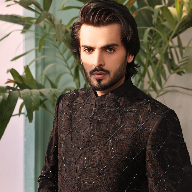 MC 555 Black Hand Work Sherwani Mens Wedding - Mashal Couture