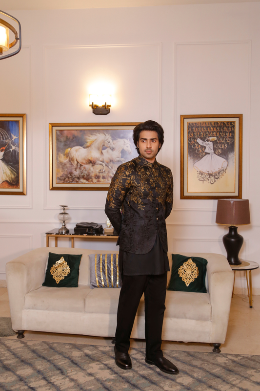 Black prince coat with gold metallic embroidery and luxury detailing