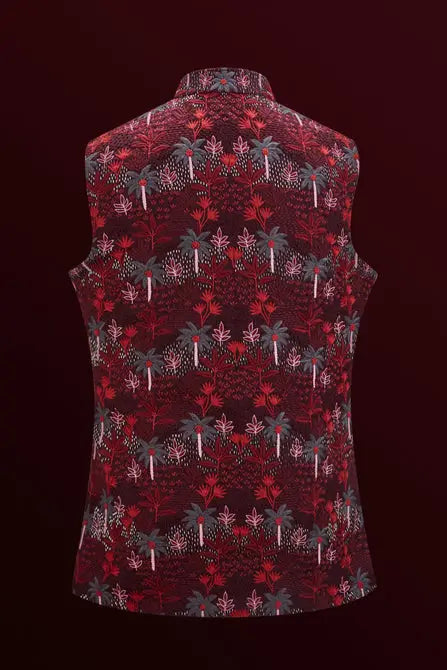 MC 108 Floral Maroon Waistcoat For Men - Mashal Couture