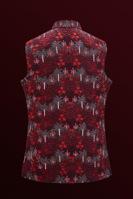MC 108 Floral Maroon Waistcoat For Men - Mashal Couture