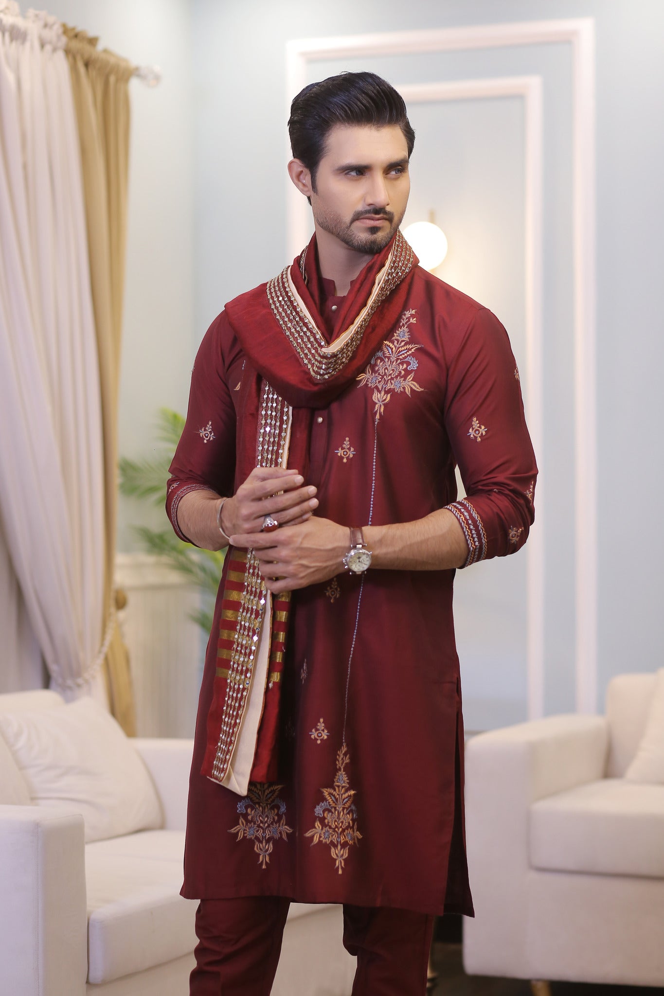CK 20 Chikankari Mens Maroon Kurta Pakistan - Mashal Couture