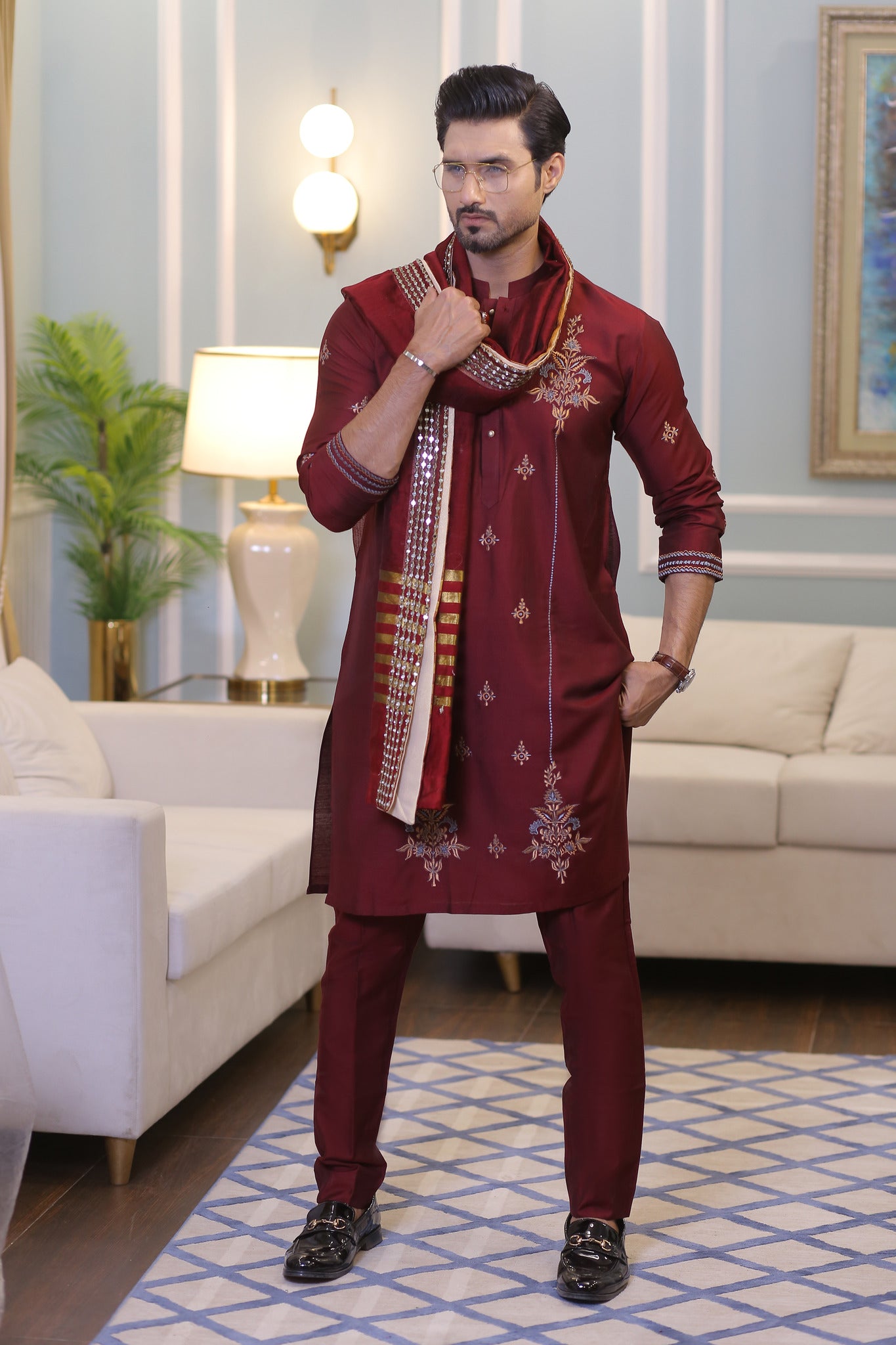 CK 20 Chikankari Mens Maroon Kurta Pakistan - Mashal Couture