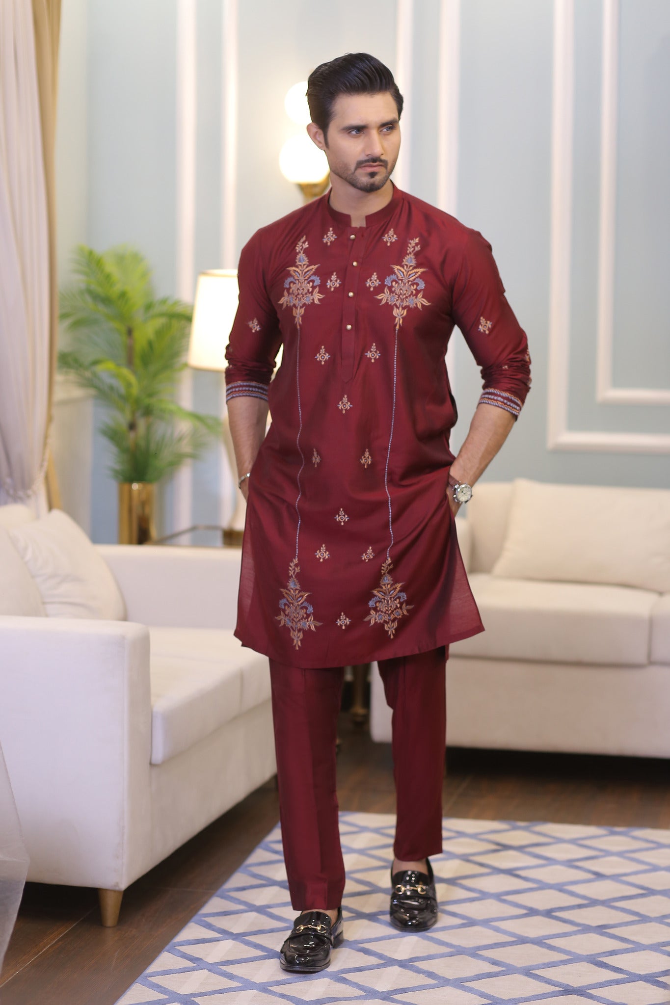 CK 20 Chikankari Mens Maroon Kurta Pakistan - Mashal Couture
