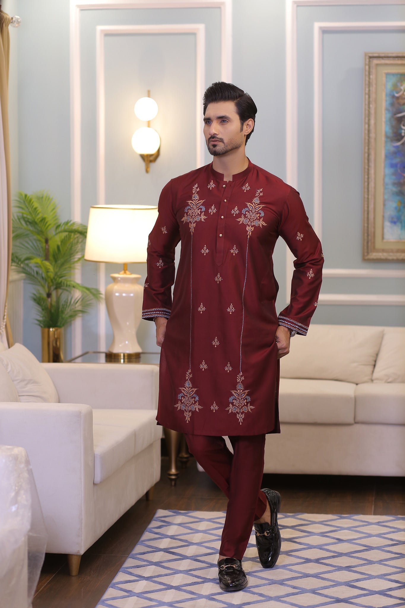 CK 20 Chikankari Mens Maroon Kurta Pakistan - Mashal Couture
