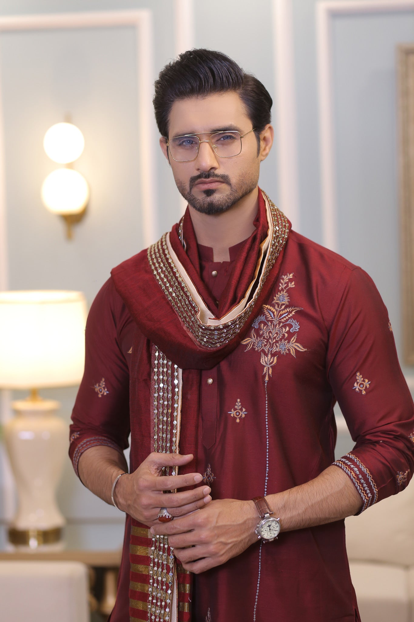 Maroon Shawl Mirror Work - Mashal Couture