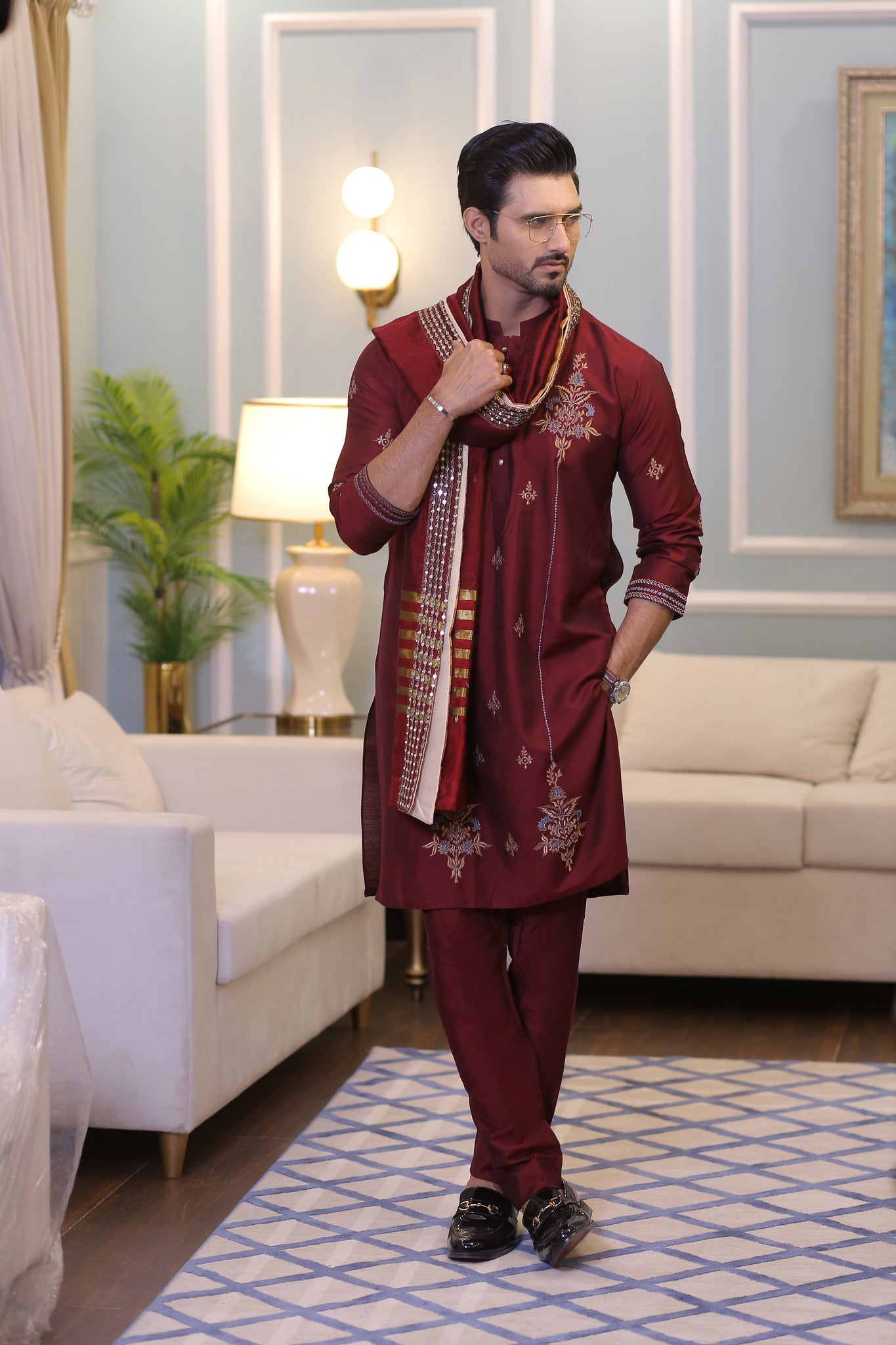 CK 20 Chikankari Mens Maroon Kurta Pakistan - Mashal Couture