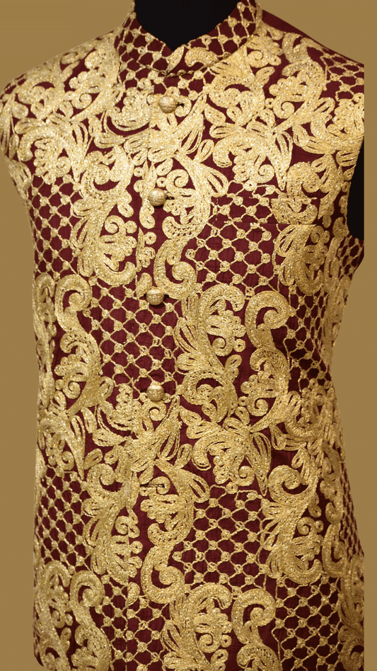 Formal Maroon Waistcoat For Mens - Mashal Couture