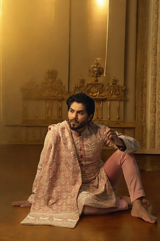 Full Embroidery Kurta Pajama With Shawl - Mashal Couture