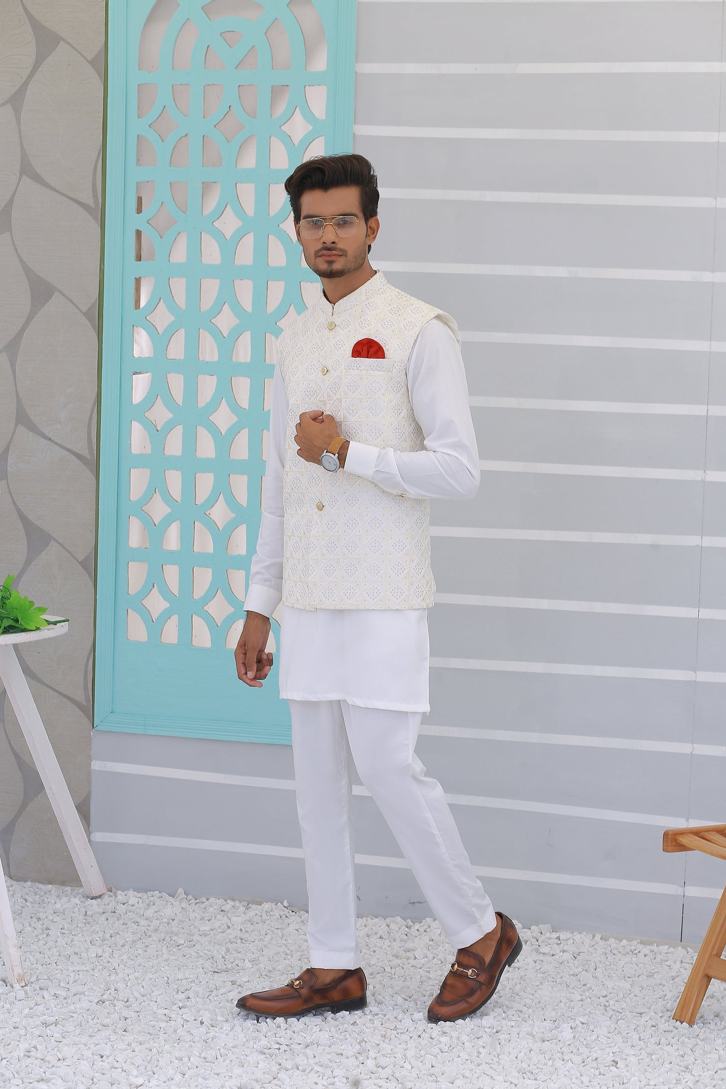 Off White shalwar kameez with Waistcoat