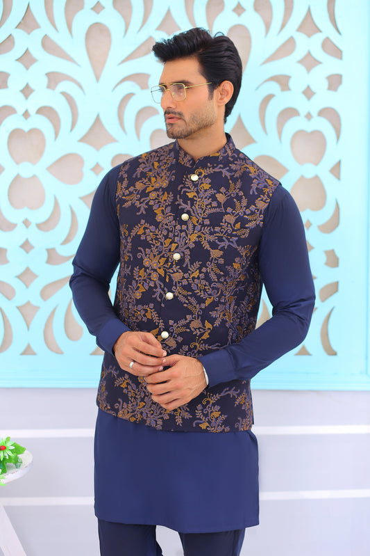 Navy Blue Embroidered Waistcoat