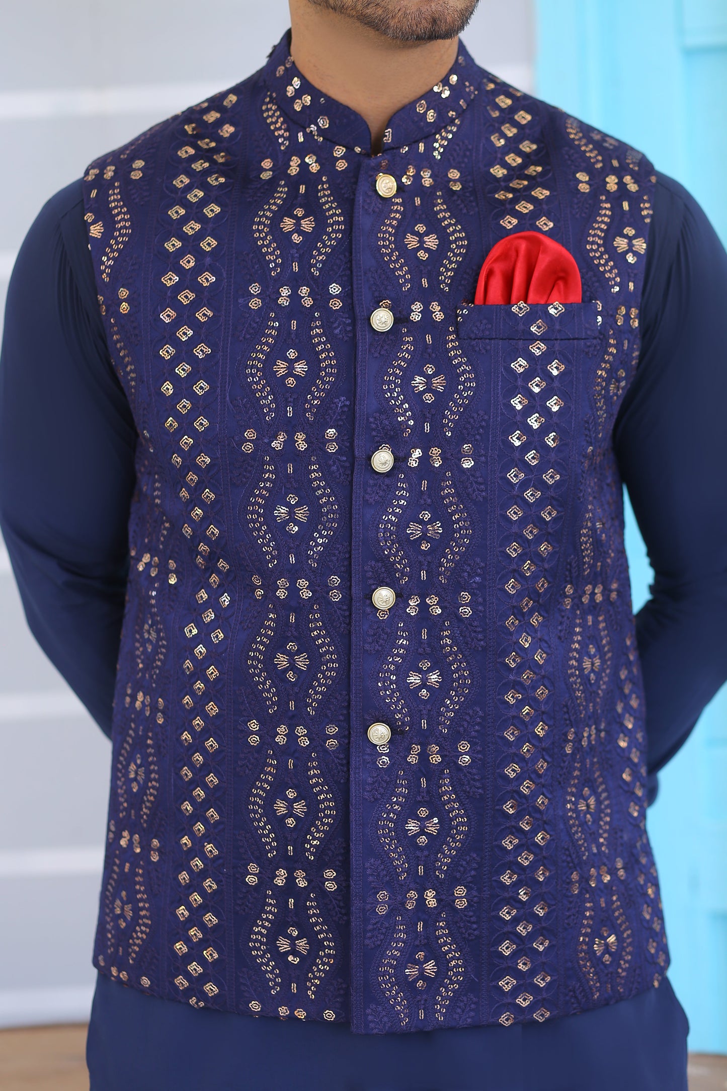 Navy Blue Waistcoat For Men - Mashal Couture
