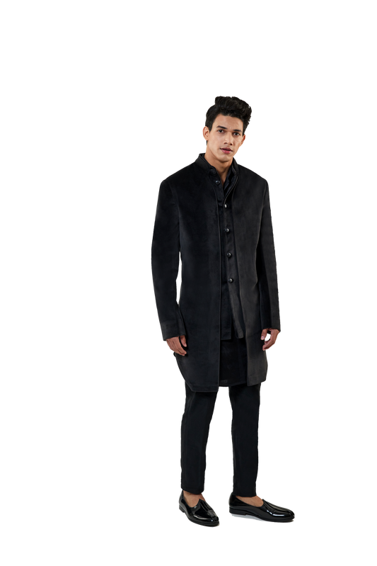 MC 518 Black Velvet Short Sherwani Complete Look - Mashal Couture