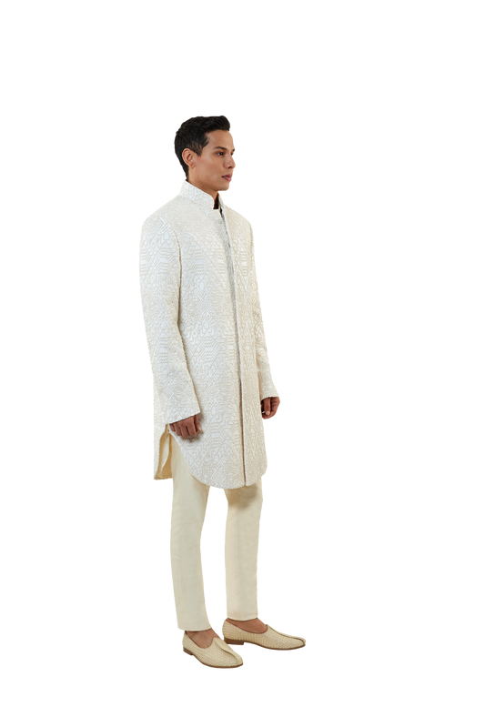 MC 517 White Short Sherwani With Pants - Mashal Couture
