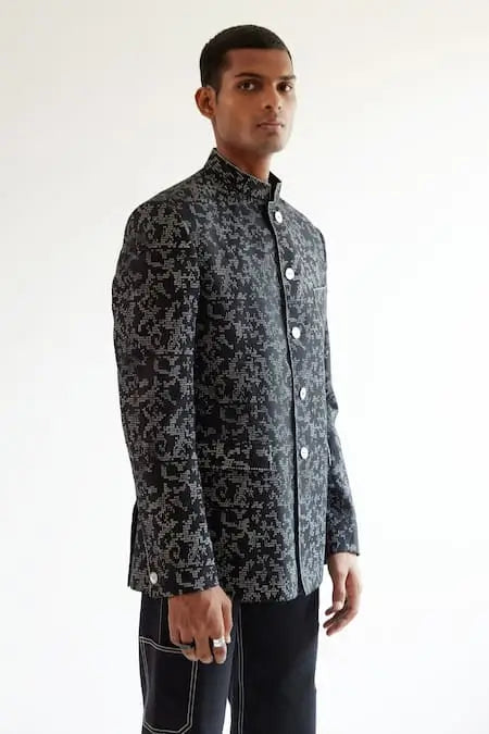MC 101 Black Grey Embroidery Prince Coat - Mashal Couture