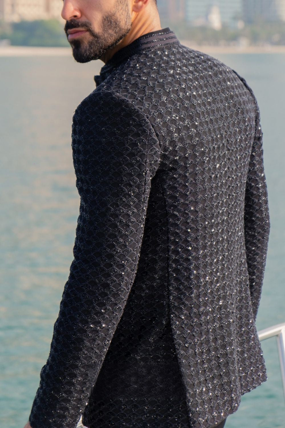 MC 113 Black Embroidery Prince Coat - Mashal Couture