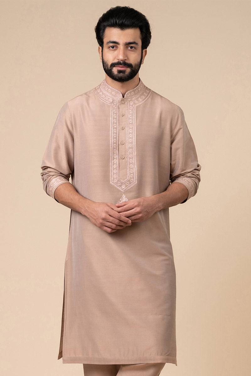 MC KP 20 Beige Embroidered Kurta Pajama for Men - Mashal Couture