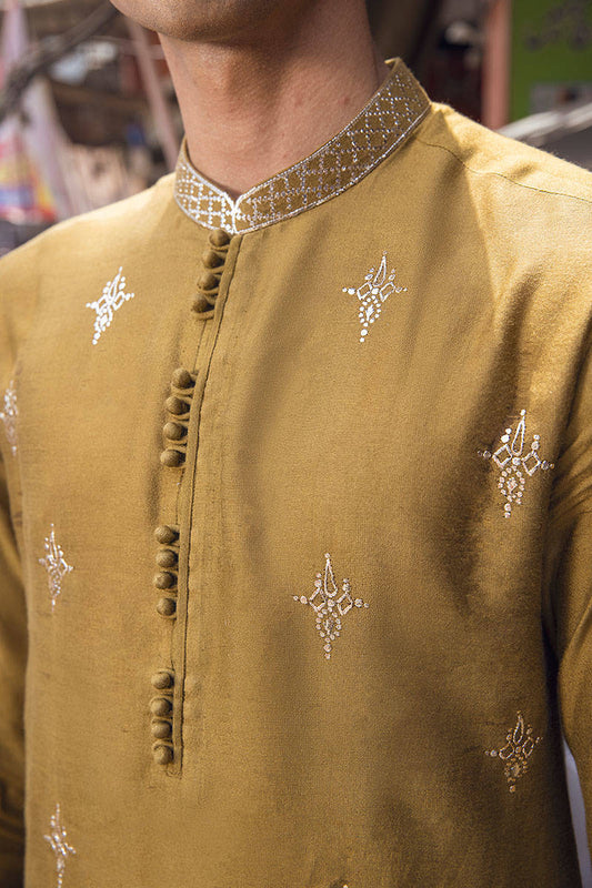 MC KP 28 Olive Embroidered Kurta Pajama For Groom - Mashal Couture