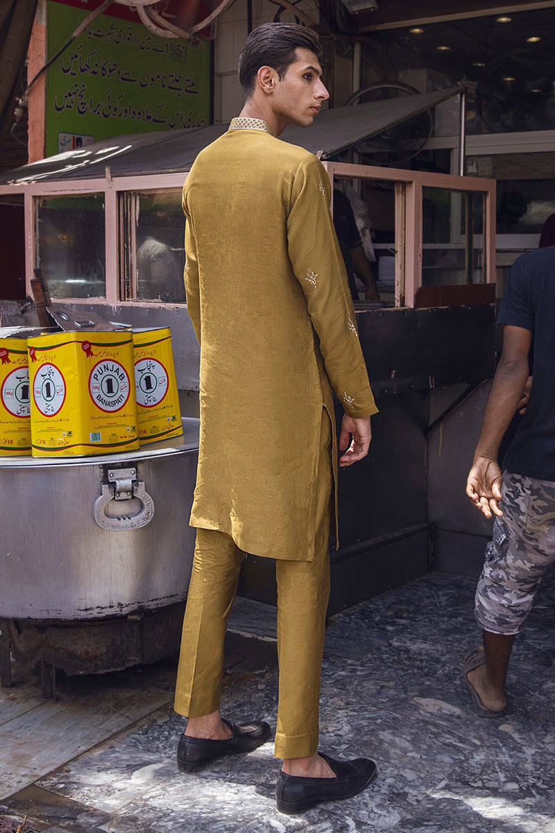 MC KP 28 Olive Embroidered Kurta Pajama For Groom - Mashal Couture
