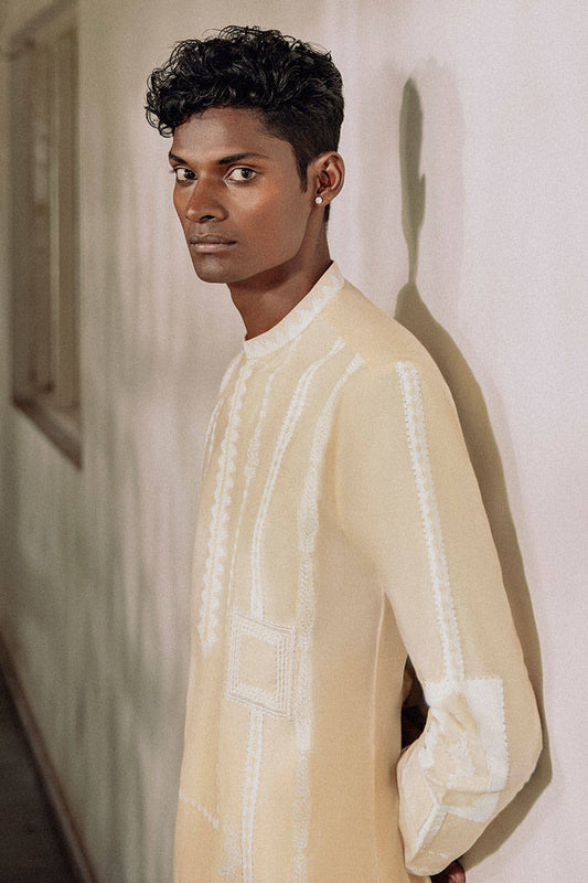 MC KP 29 Beige With White Embroidery Kurta Pajama For Men - Mashal Couture