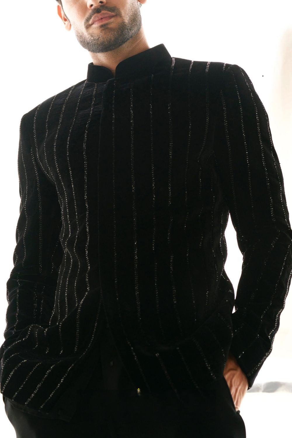 MC 112 Black Cutdana Embellished Prince Coat - Mashal Couture