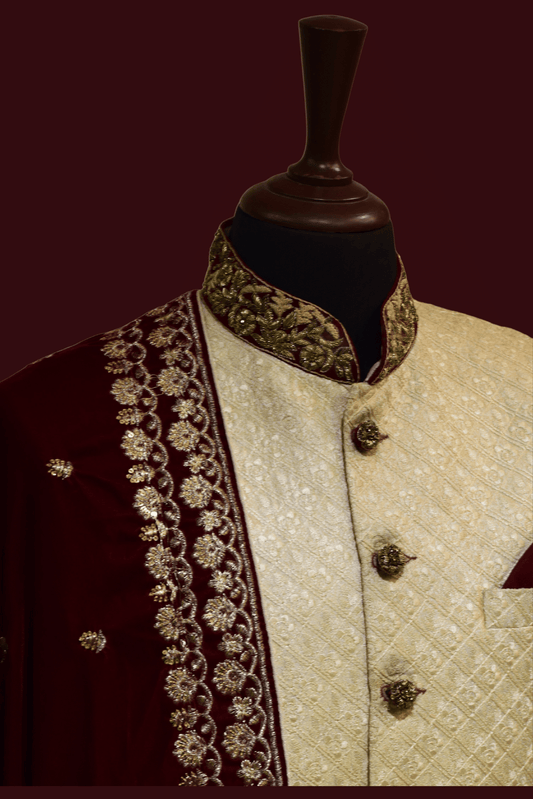 MC 03 Maroon Embroidered Shawl with Sherwani - Mashal Couture