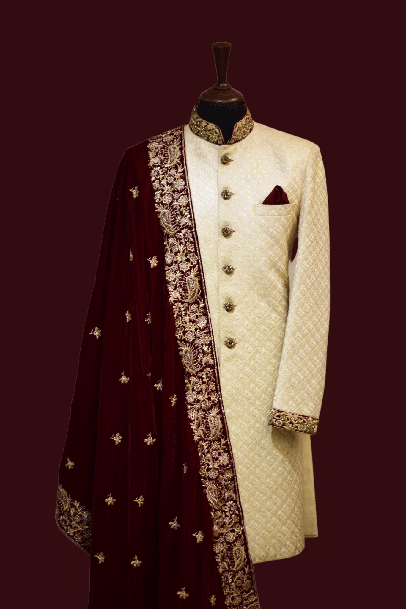 MC 524 Flowy Sherwani with Maroon Shawl - Mashal Couture