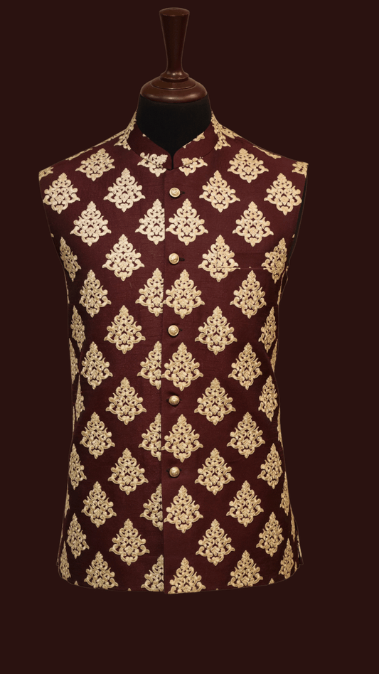 MC 116 Maroon Waistcoat with Gold Embroidery For Men - Mashal Couture