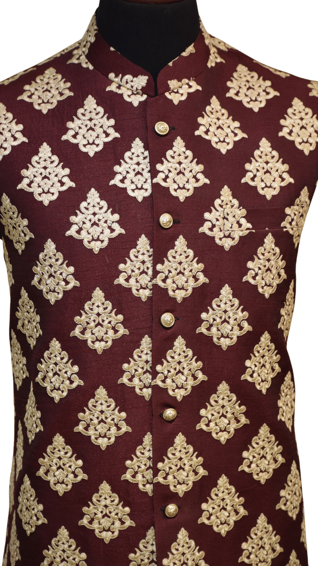 MC 116 Maroon Waistcoat with Gold Embroidery For Men - Mashal Couture